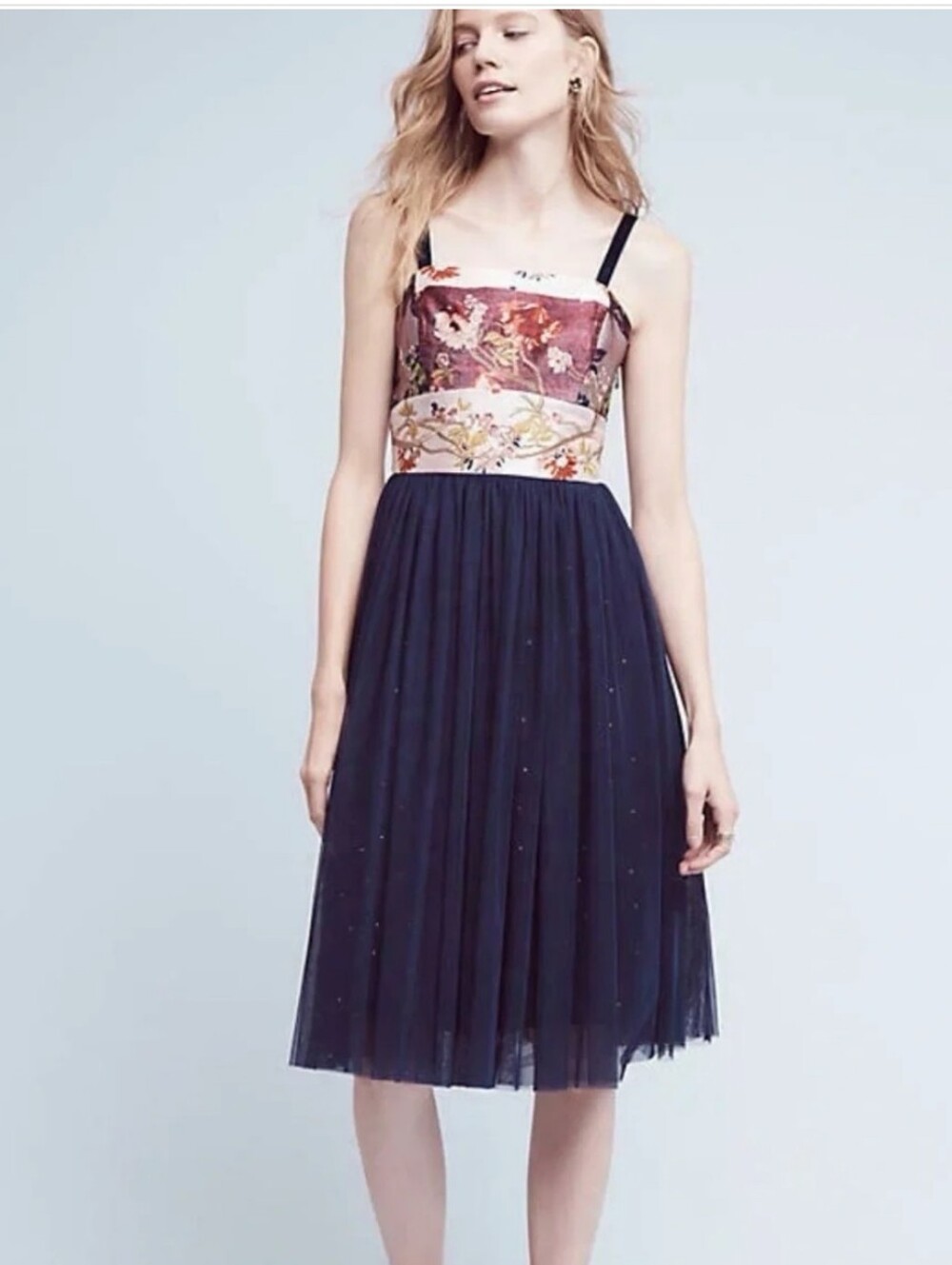 Moulinette Soeurs Anthropologie Embroidered Floral Bodice Tulle Midi Dress Sz 14